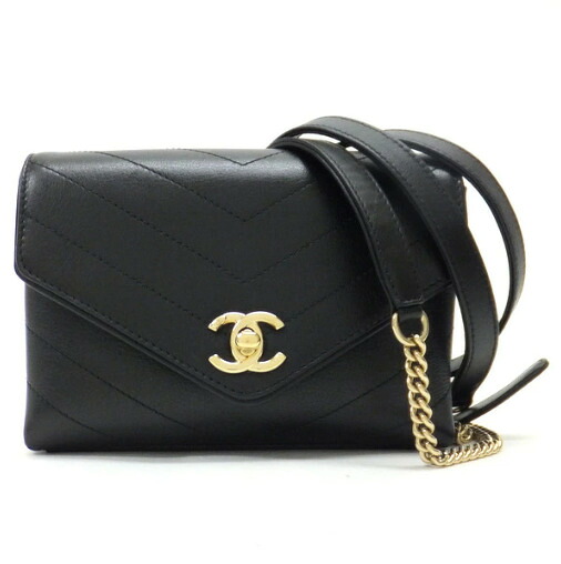 【中古】CHANEL チェーンベルトポーチ ショルダーバッグ カーフレザー 黒いこと×ゴールド金具 26番8桁 《V編み目》