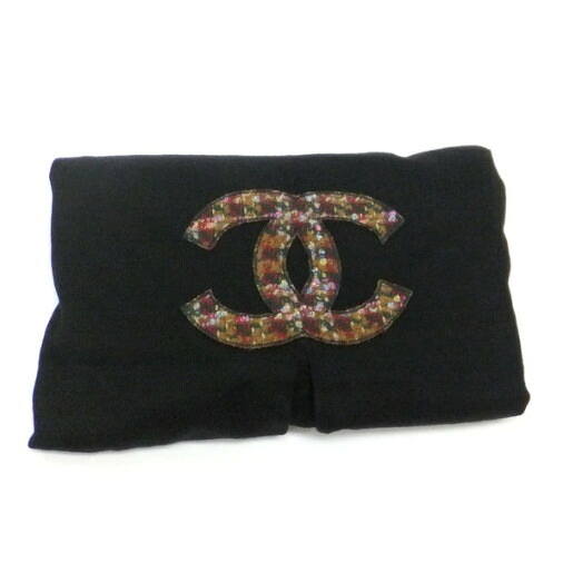 【中古】CHANEL カシミール大判肩かけ 肩かけ カシミール100％ 黒いこと×ツィードCC見澄ます