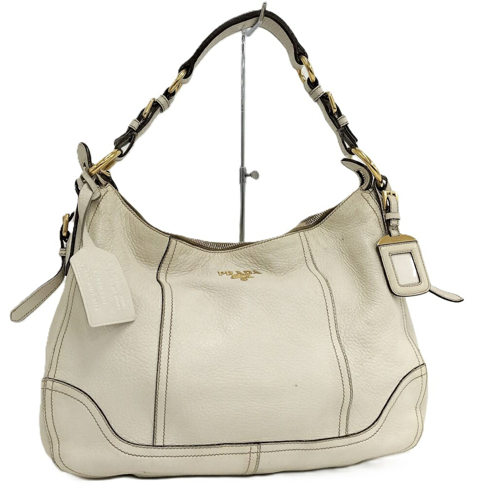 【中古】PRADA ショルダーバッグ レザー アイボリー系 ゴールド金具