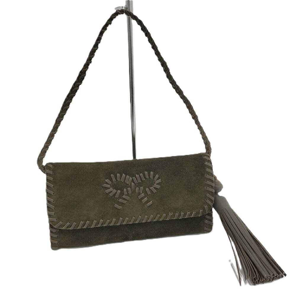 【中古】ANYA HINDMARCH ショルダーバッグ スエード リボン フリンジ カーキ