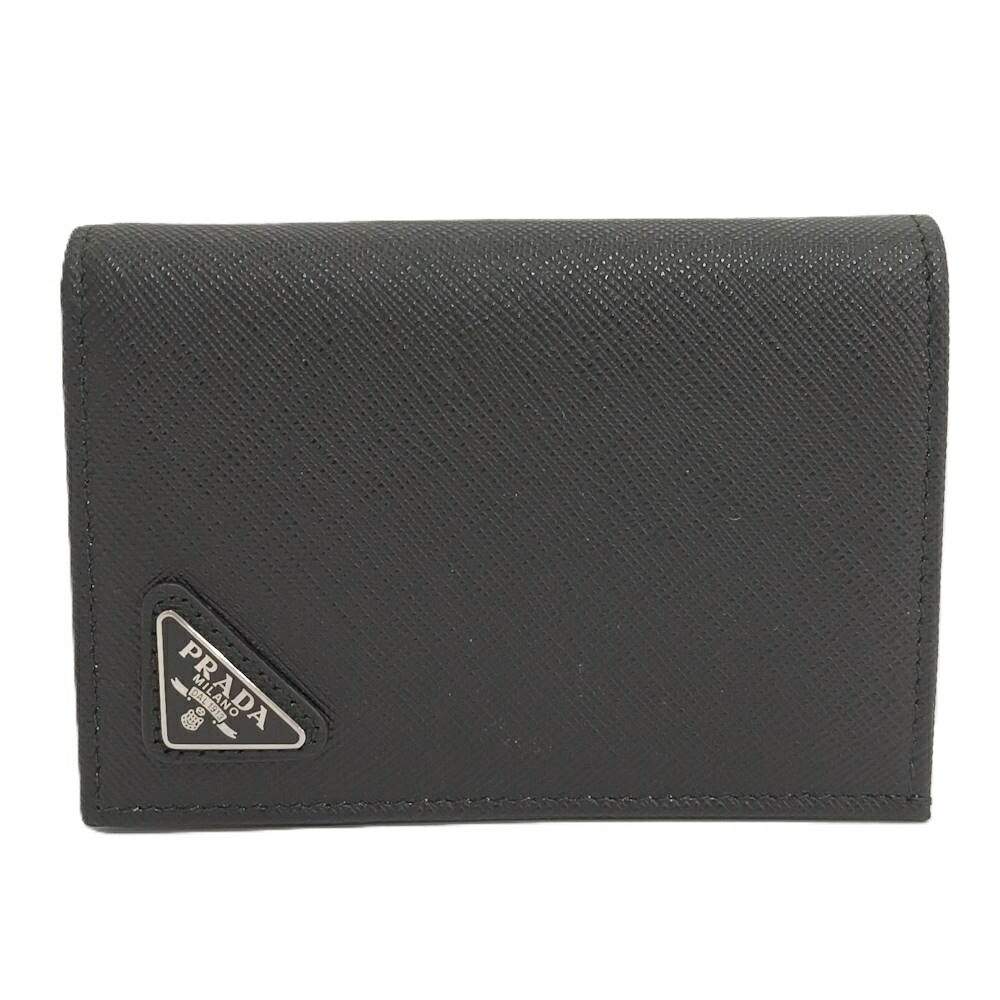 【中古】PRADA コンパクトウォレット 二つ折り紙入れ ３角形ロゴタイプ サフィアーノ なめし革 黒いこと 2MV021