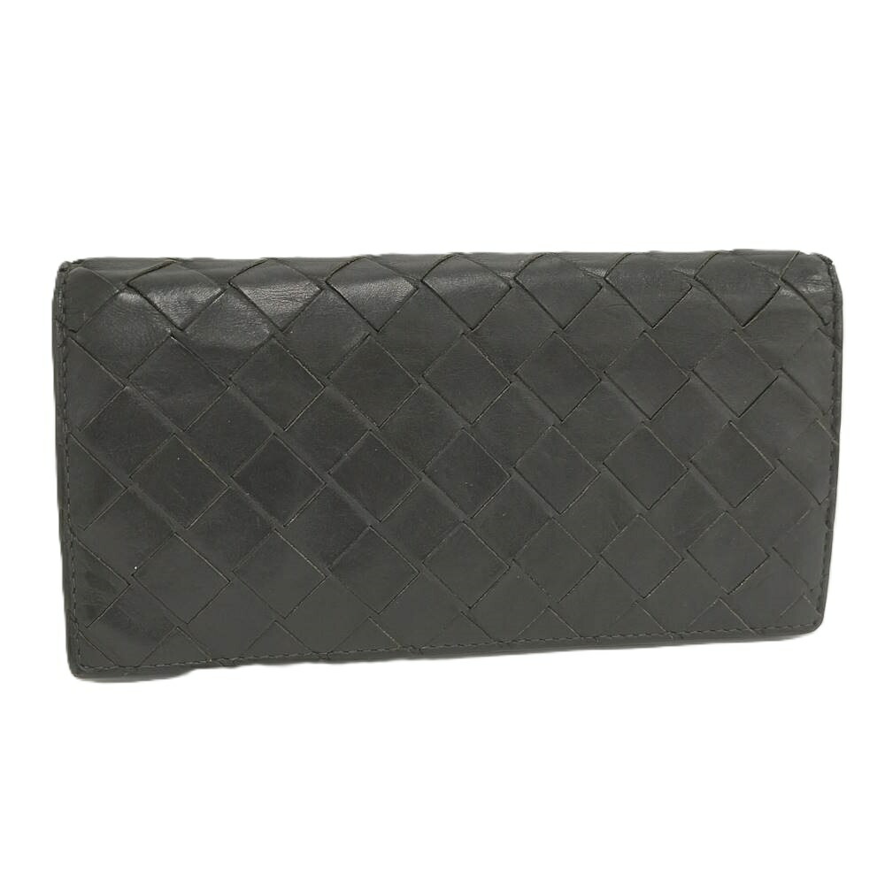 【中古】BOTTEGA VENETA 二つ折り長紙入れ イントレチャート なめし革 黒いこと カーキ