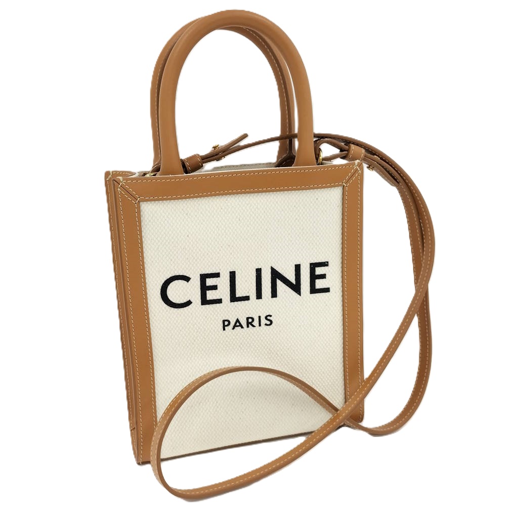 【中古】CELINE ミニ バーティカルカバ 2WAY御徒面子 帆布 なめし革 赤銅色 象牙色 193302