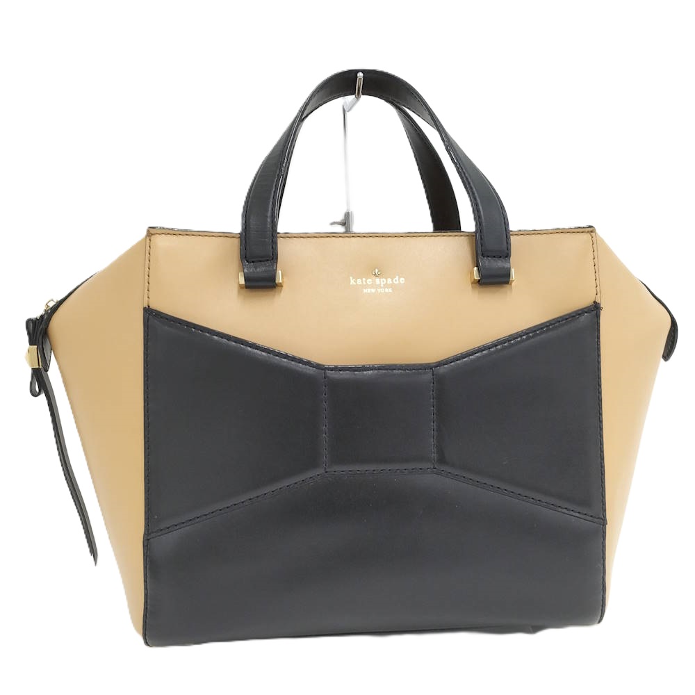 【中古】kate spade ハンドバッグ リボンモチーフ レザー ベージュ ブラック ゴールド金具 QC-002853