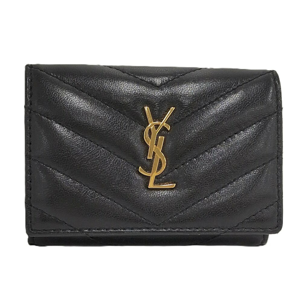 【中古】SAINT LAURENT オリガミタイニーウォレット 三つ折りパウダーコンパクト紙入れ なめし革 黒いこと 668274