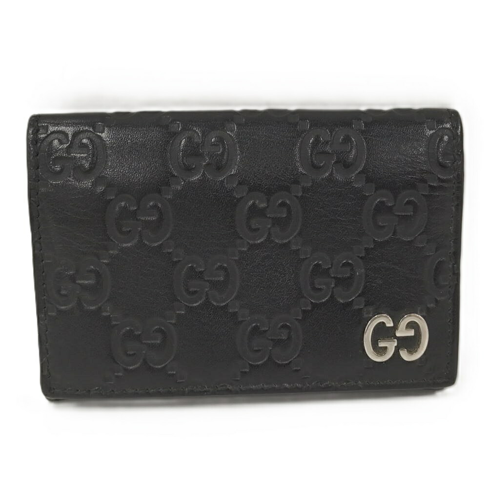 【中古】GUCCI 二つ折り カードケース グッチシマ レザー ブラック 472923