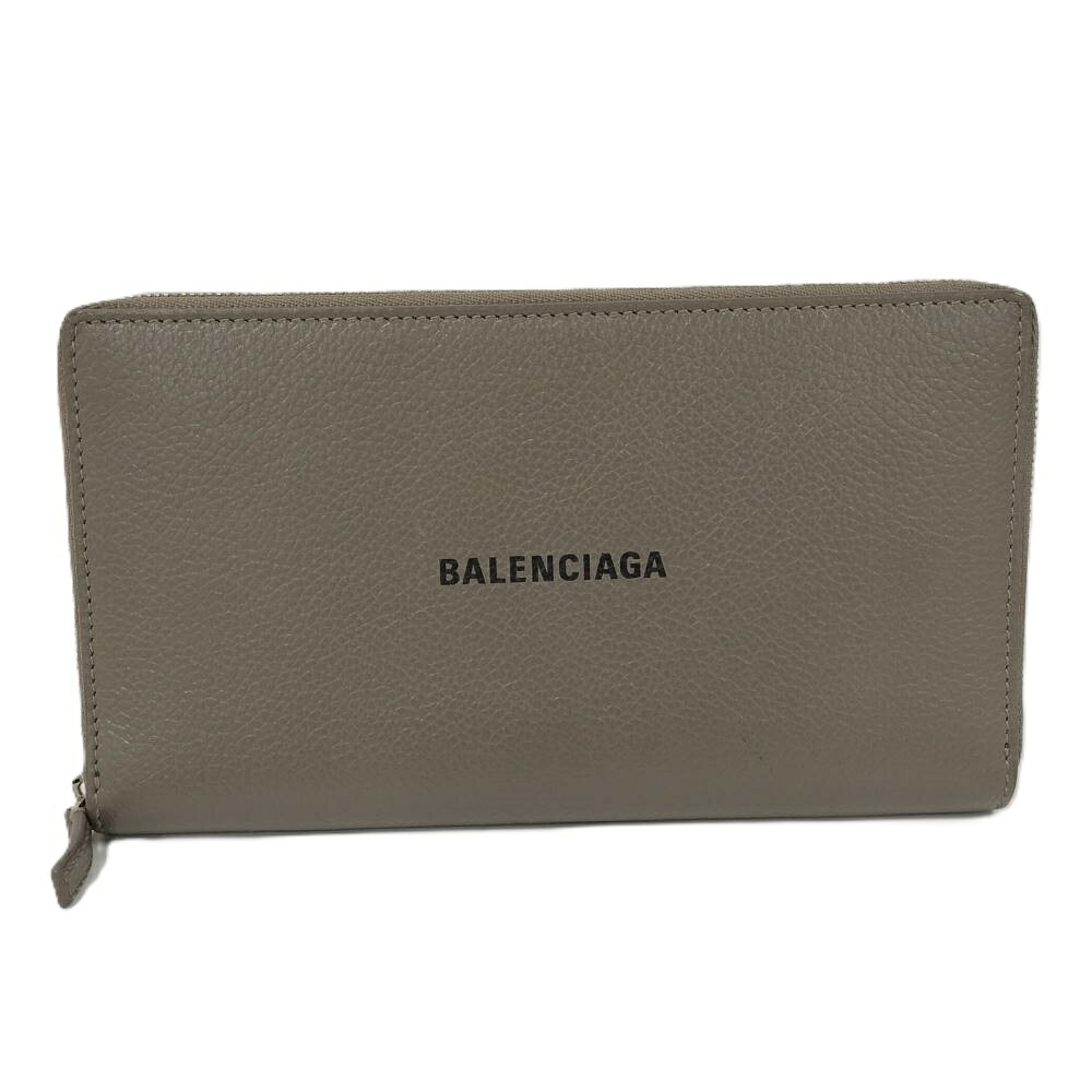 【中古】BALENCIAGA ロングウォレット ラウンドファスナー レザー グレージュ 594317