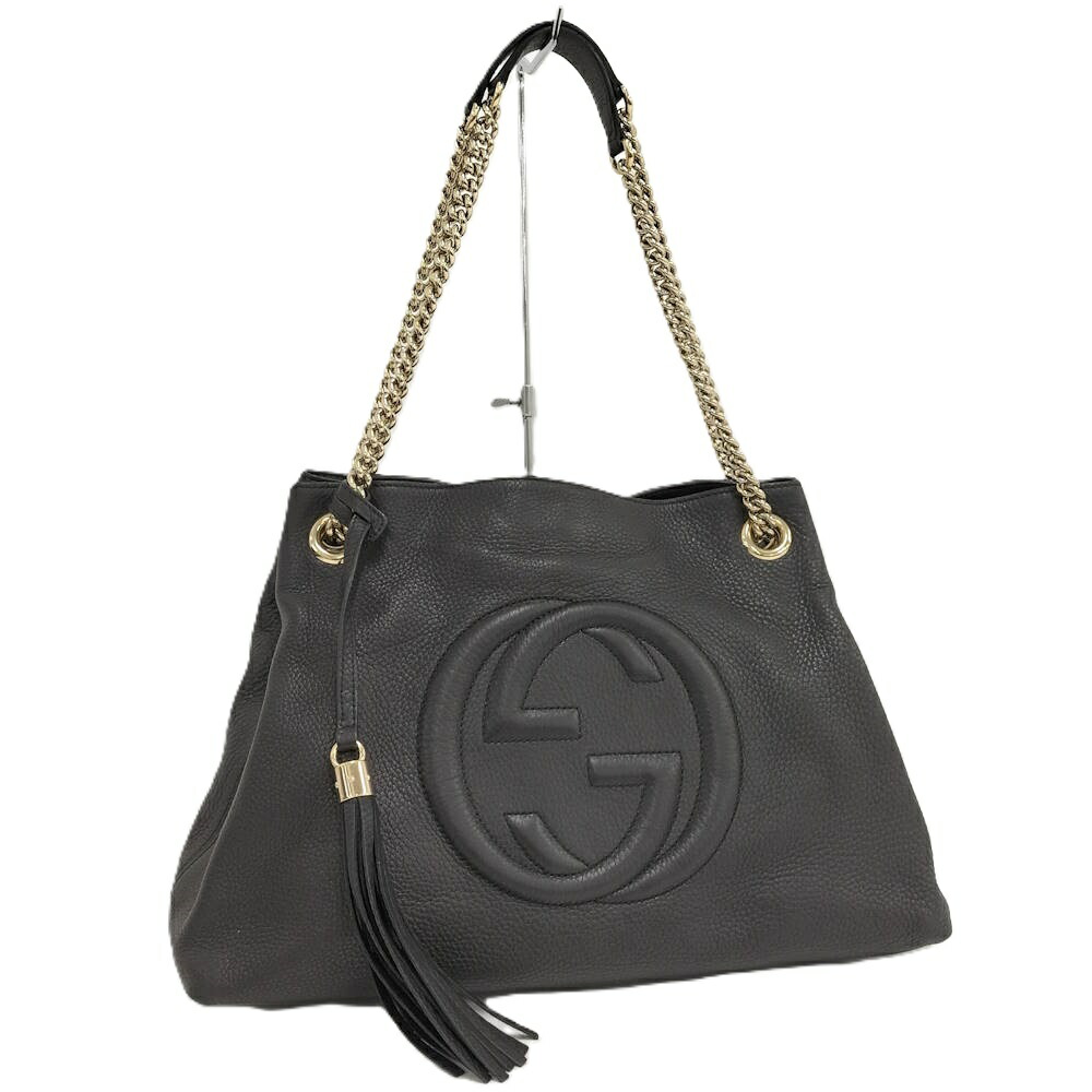 【中古】GUCCI チェーン店ショルダーバッグ インターロッキングG なめし革 黒いこと 308982