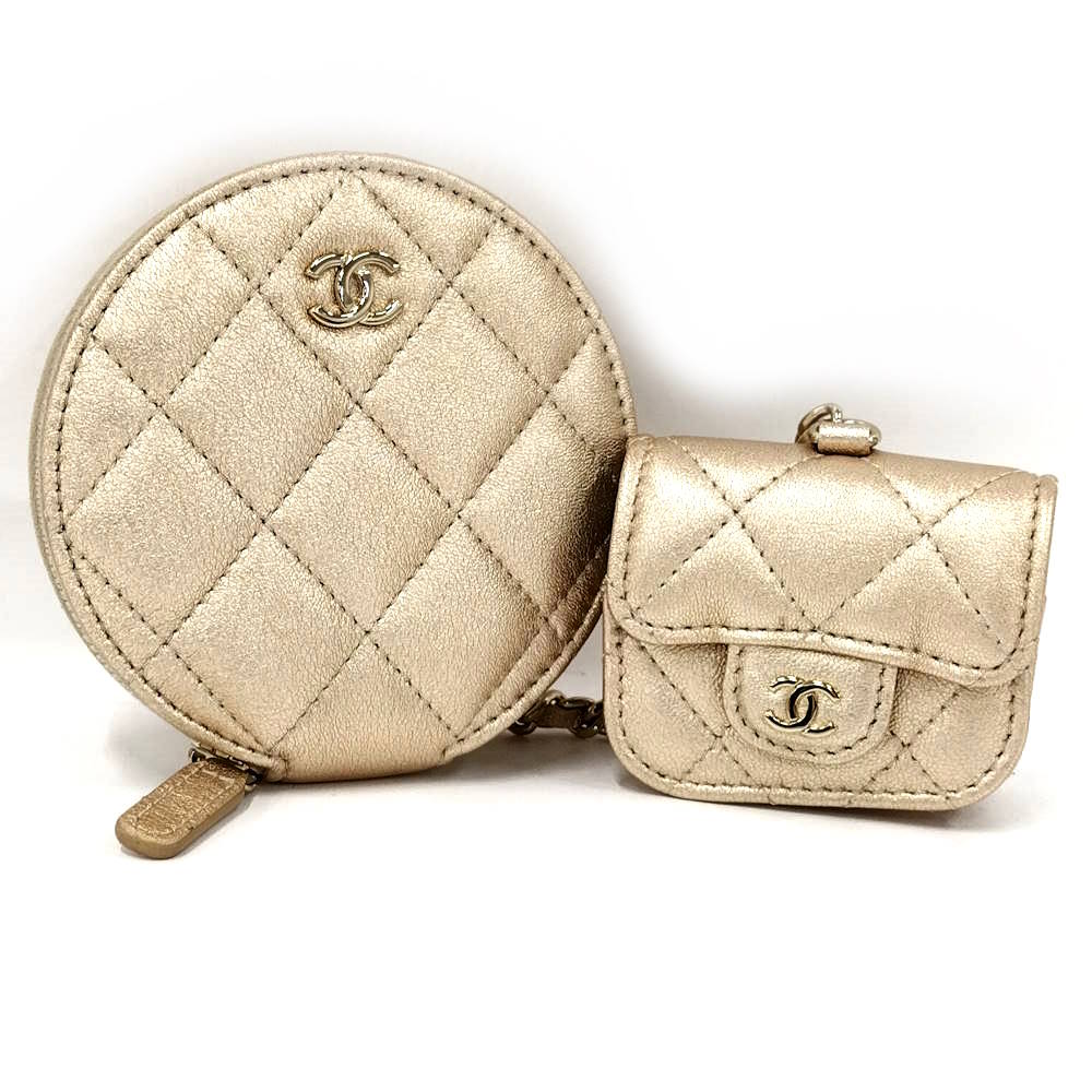 【中古】CHANEL チェーンポーチ コインケース AirPods proケース ゴールド