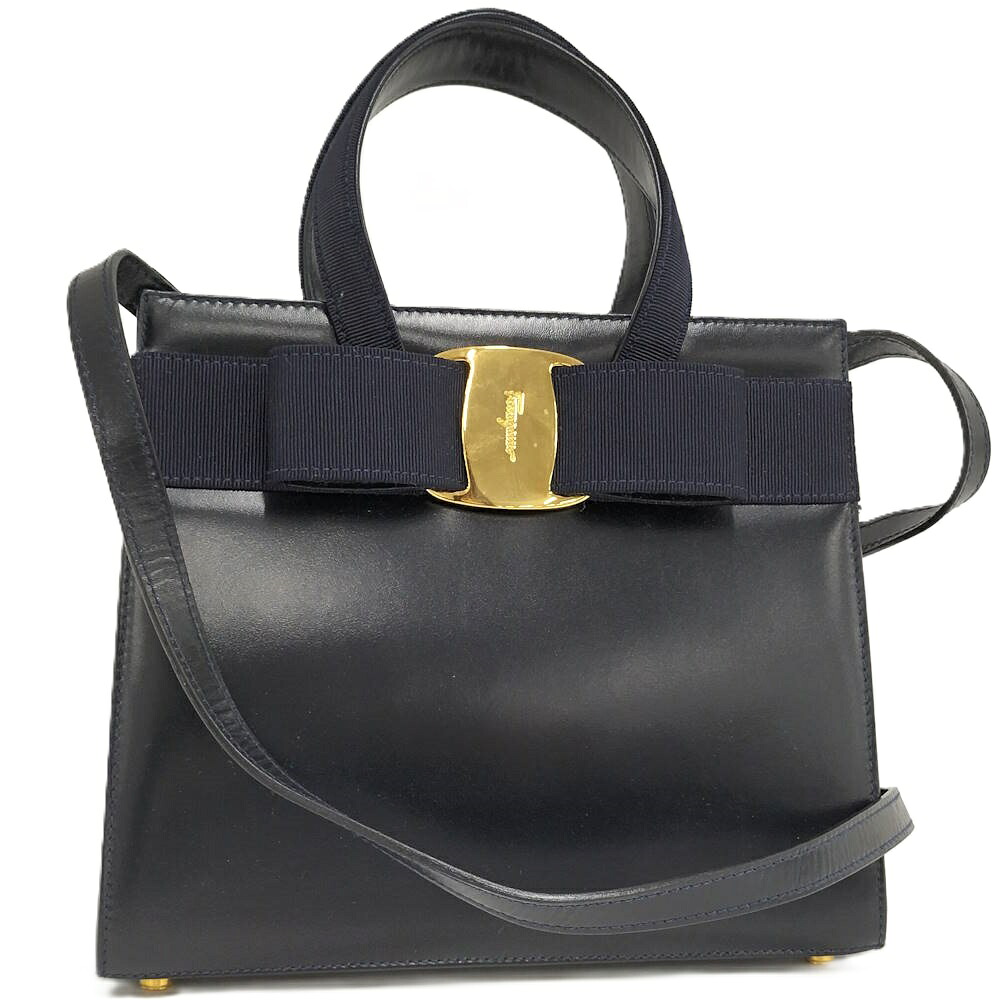 【中古】Ferragamo 2WAY ショルダーバッグ ヴァラリボン レザー ネイビー BA214178 22,245円