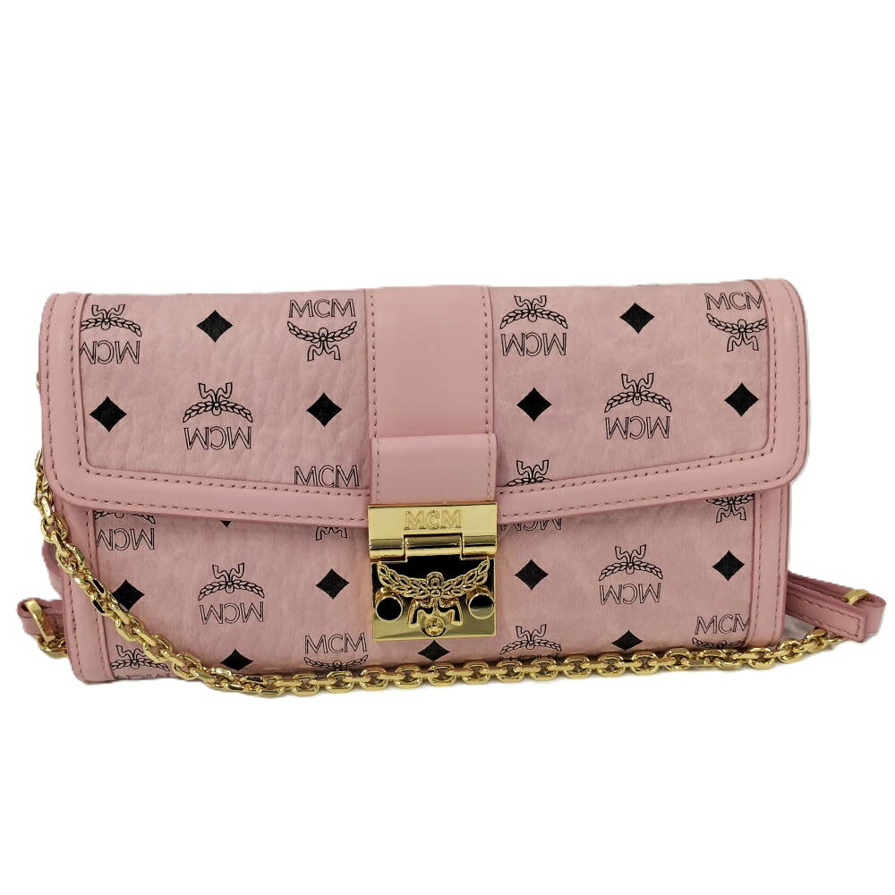 【中古】MCM チェーンウォレット ヴィセトス柄 なめし革 さくら色
