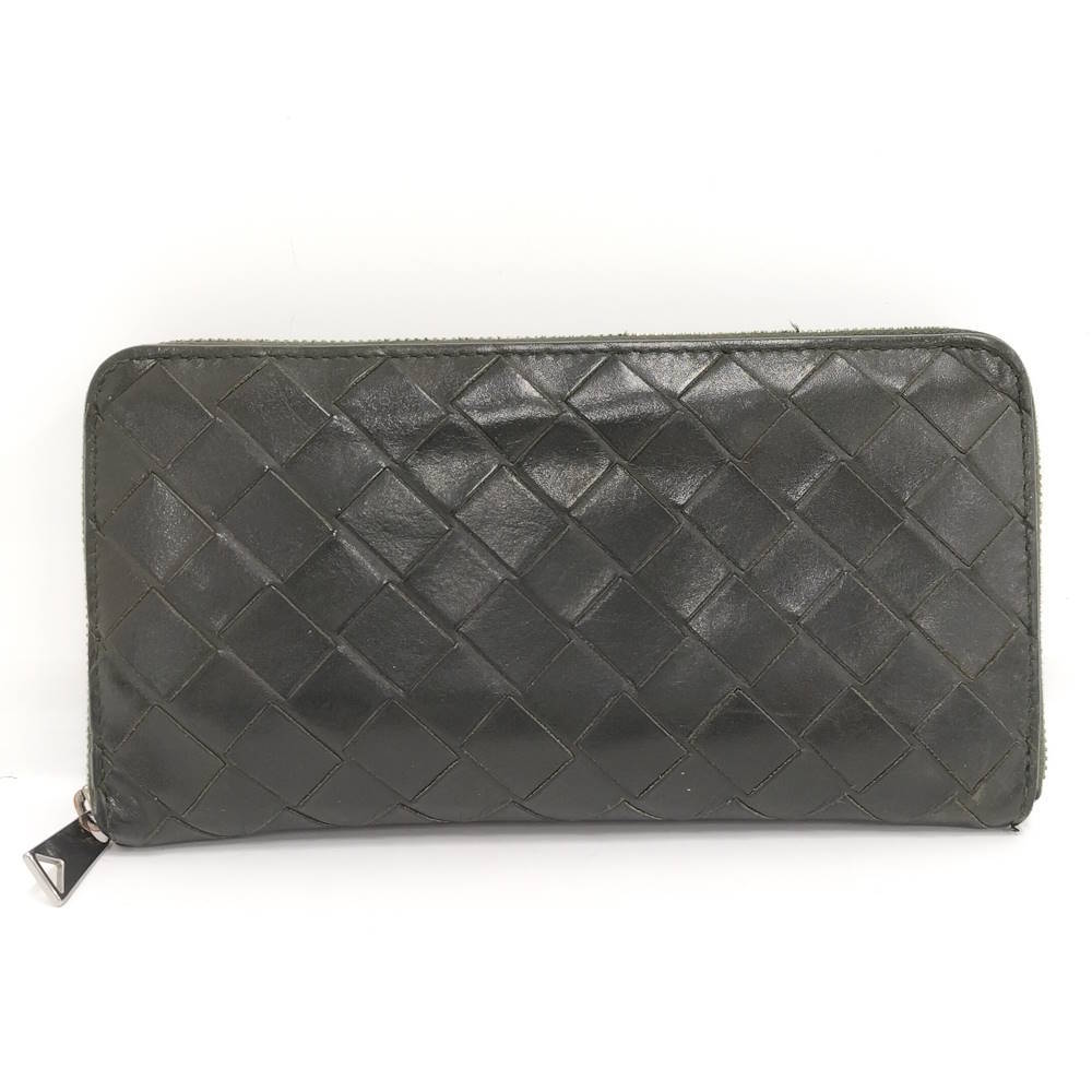 【中古】BOTTEGA VENETA ラウンドファスナー 長財布 イントレチャート レザー カーキ
