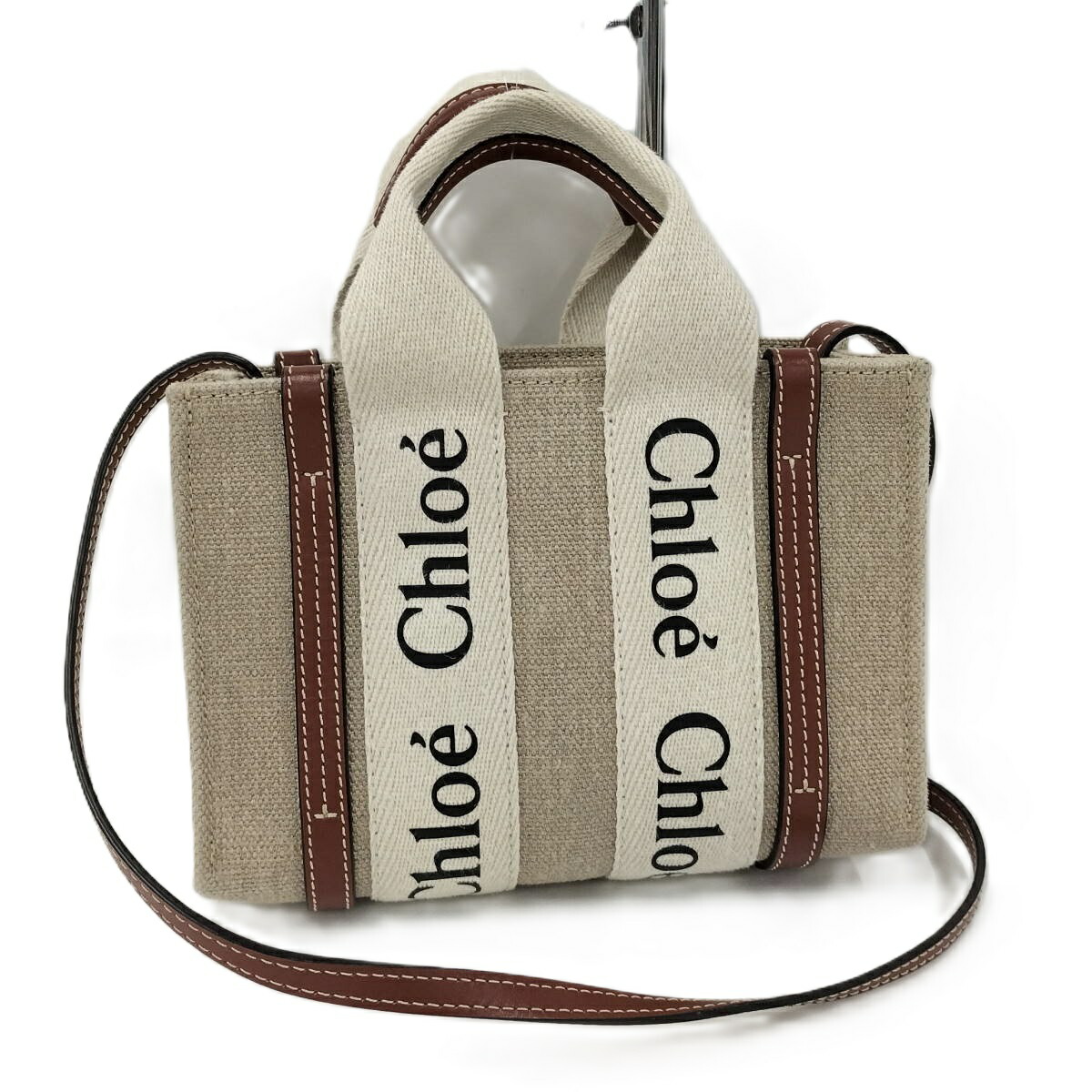 【中古】Chloe 2WAYショルダーバッグ ウッディミニトート 帆布 なめし革 ベージュ 赤銅色