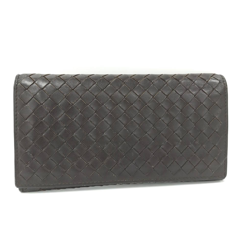 【中古】BOTTEGA VENETA 二つ折り長財布 イントレチャート レザー ダークブラウン｜JJcollection 10,789円