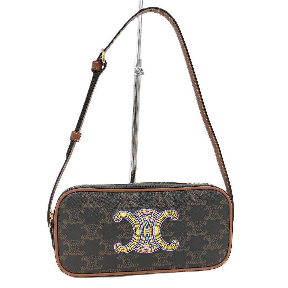 【中古】CELINE ショルダーバッグ キュイル トリオンフ ミニカメラバッグ PVC レザー ブラック系 ブラウン系 マルチカラー
