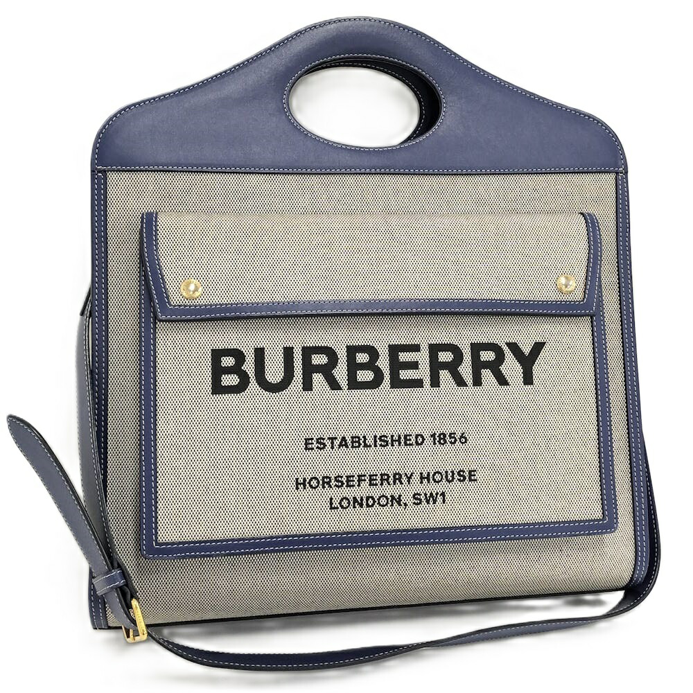 【中古】BURBERRY ポケットバッグ ショルダーバッグ レザー キャンバス ブルー系 8032406