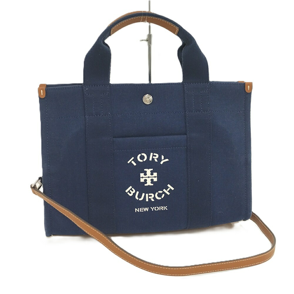 【中古】Tory Burch 2WAYトートバッグ ショルダーバッグ キャンバス ネイビー