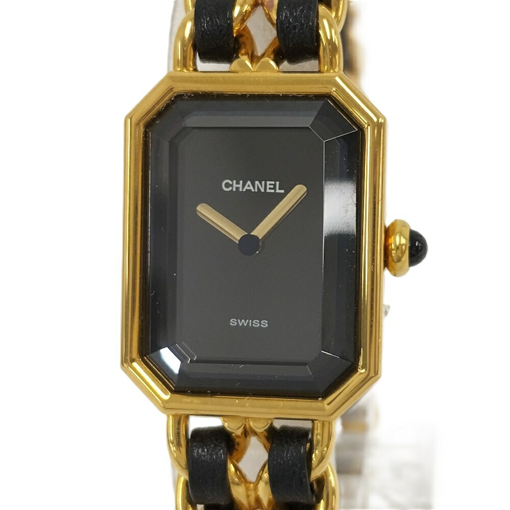 【中古】CHANEL ウオッチ プルミエール M大きさ GP×レザーチェーンベルト 石英 黒いこと文字記号盤 H0001