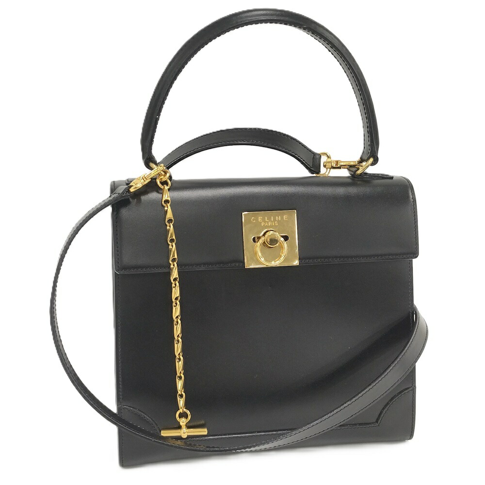 【中古】CELINE 2WAYハンドバック ロゴタイプ輪っか なめし革 黒いこと