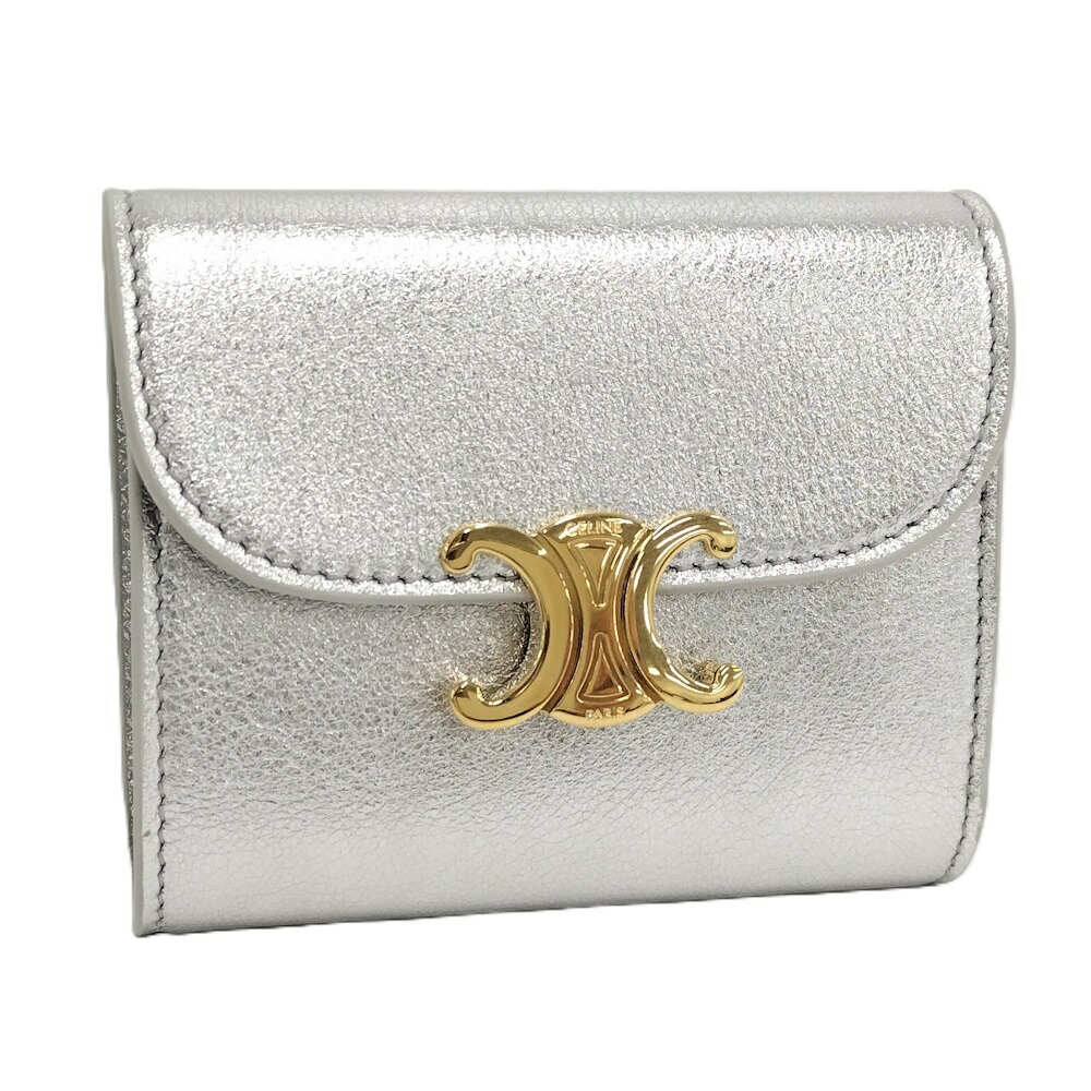 【中古】CELINE 三つ折り紙入れ なめし革 しろがね色