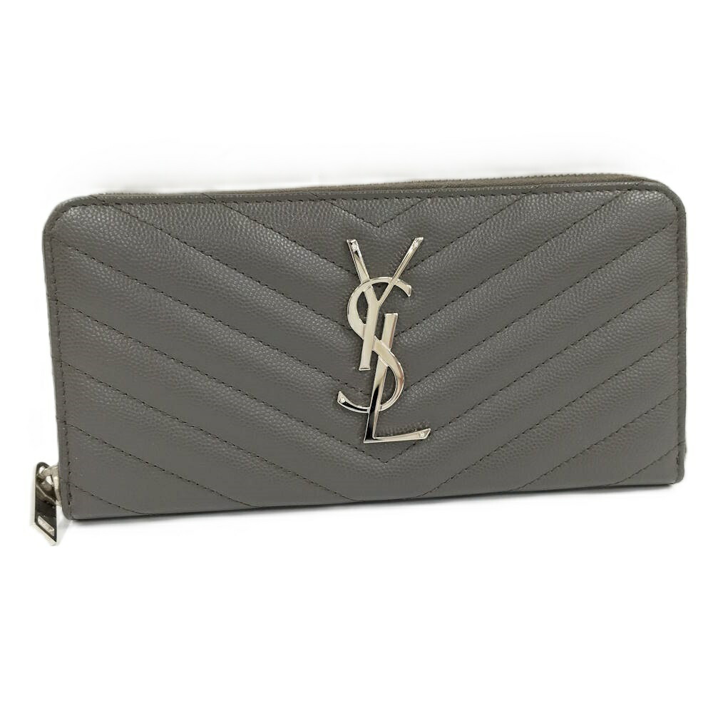 【中古】SAINT LAURENT ラウンドジッパー長紙入れ なめし革 薄墨色 358094