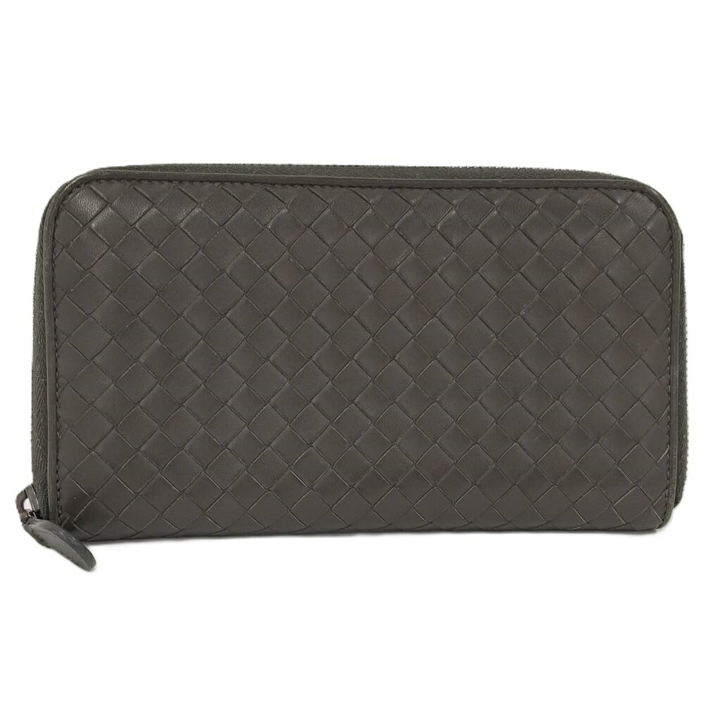 【中古】BOTTEGA VENETA ラウンドジッパー長紙入れ イントレチャート なめし革 うす暗い赤銅色