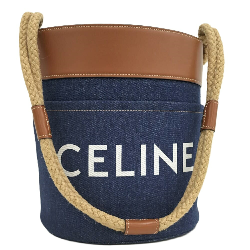 【中古】CELINE デニムバケットバッグ ハンドバック なめし革×ジーンズ 青色×赤銅色