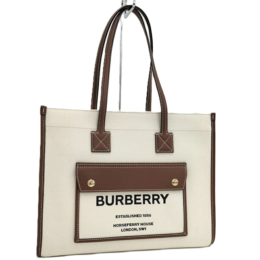 【中古】BURBERRY ミディアム・フレアトート トートバッグ 帆布×なめし革 象牙色×赤銅色