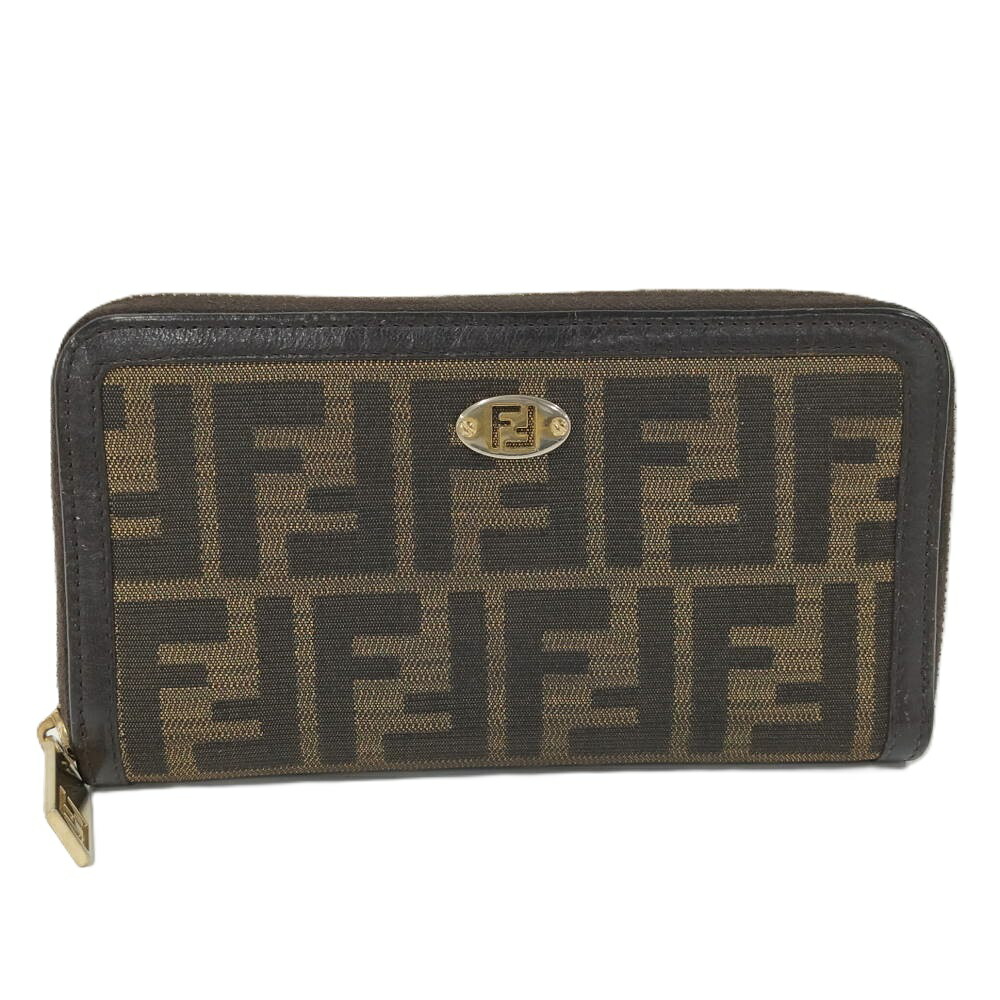 【中古】FENDI ラウンドジッパー長紙入れ 帆布 赤銅色系