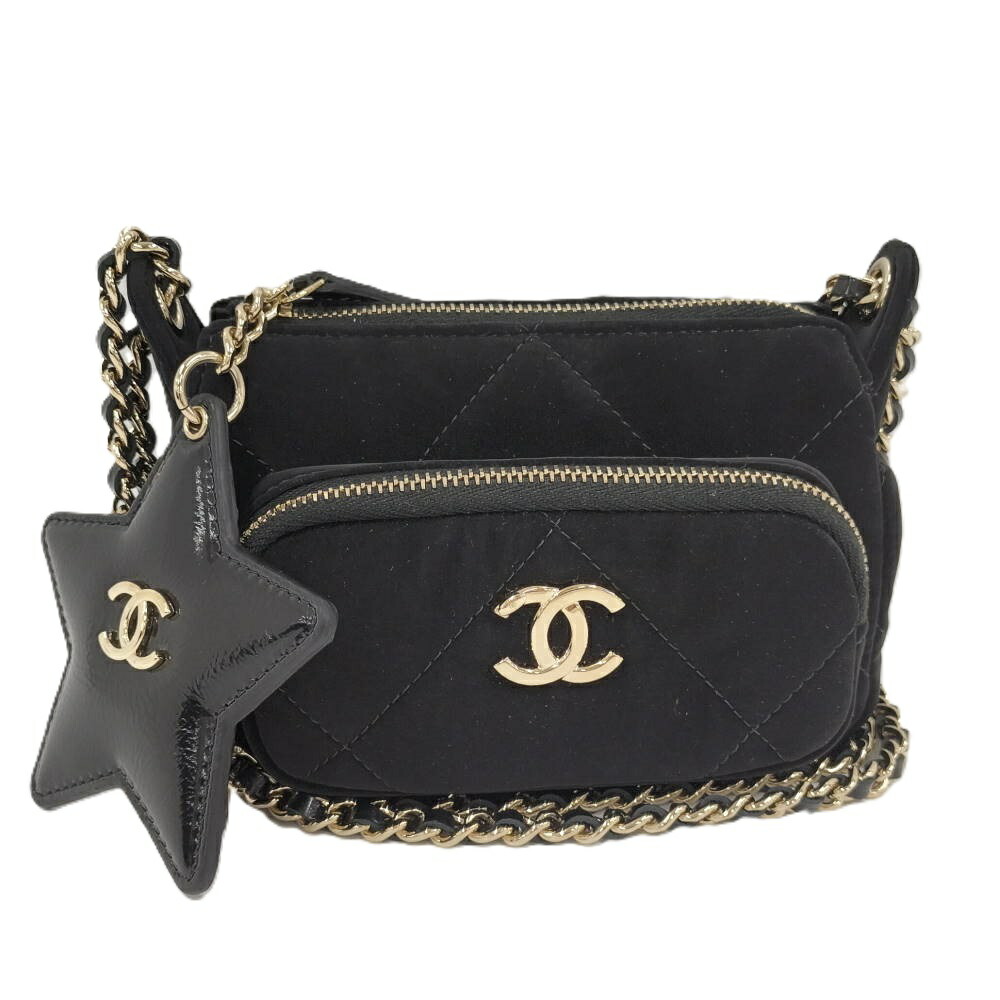 【中古】CHANEL チェーンクラッチバッグ マトラッセ 天鵝絨 黒いこと AP4771