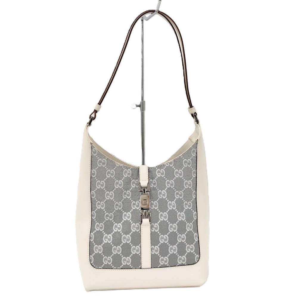 【中古】GUCCI ショルダーバッグ GG帆布 なめし革 薄墨色 白いこと 001.3876