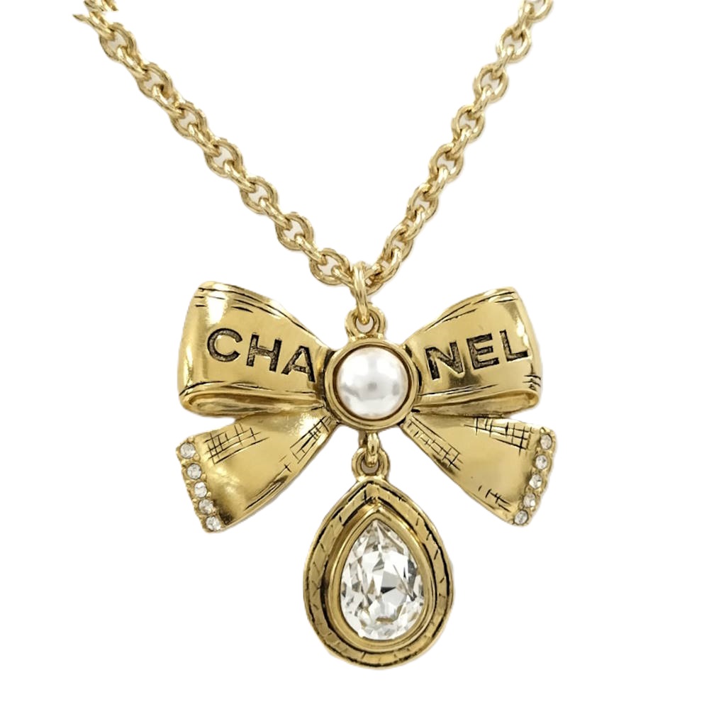 【中古】CHANEL ネックレス リボン ココマーク ラインストーン メッキ ゴールド L25K|JJcollection