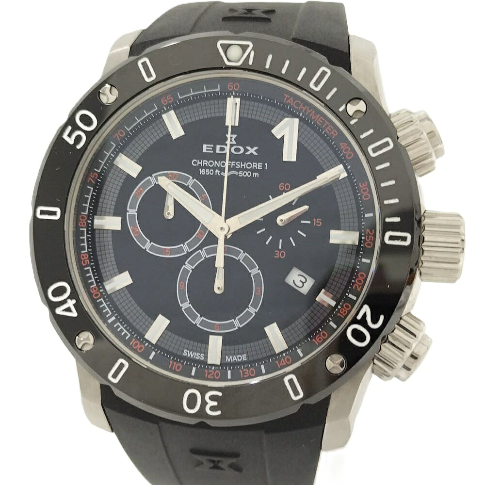 【中古】Edox クロノオフショア1 メンズ 腕時計 SS ラバー レザー ブラック文字盤 10221｜JJcollection