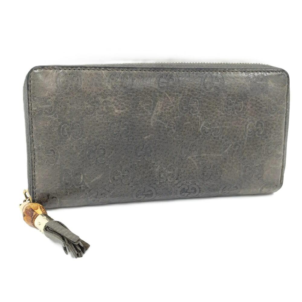 【中古】GUCCI ラウンドファスナー 長財布 バンブー ゴールド金具 レザー グレー系｜JJcollection