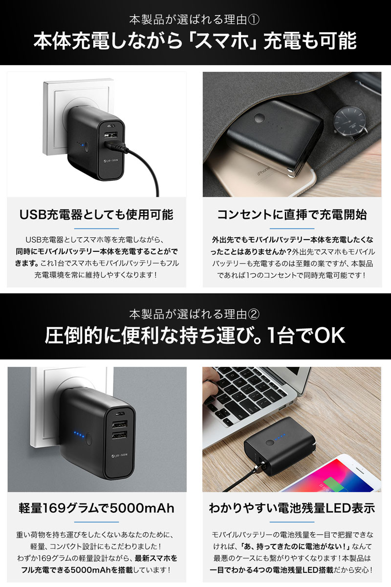 楽天市場 楽天1位獲得 モバイルバッテリー コンセント 大容量 5000mah モバイルバッテリー 軽量 コンセント ポータブル 充電器 急速usb 2ポート バッテリー Iphone Ipad アンドロイド ブラック Jb60 メーカー保証12カ月 Jobson 楽天市場店