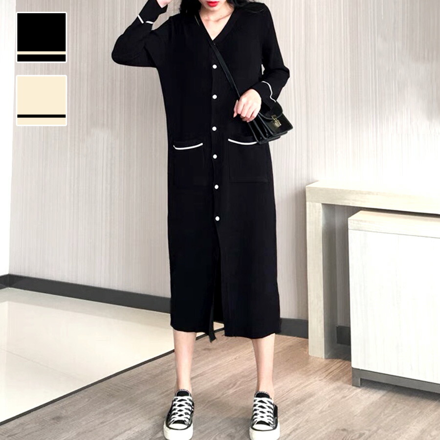 カーディガン ニット ロング Vネック ワンピース カーデ ミドル丈 長袖 羽織 スリム 無地 シンプル 韓国ファッション カジュアル オフィスカジュアル 大人 おしゃれ レディース 春 秋 新作 ブラック 黒 アイボリー 白 フリーサイズ Jocosa 77 送料無料 即納 モデル着用