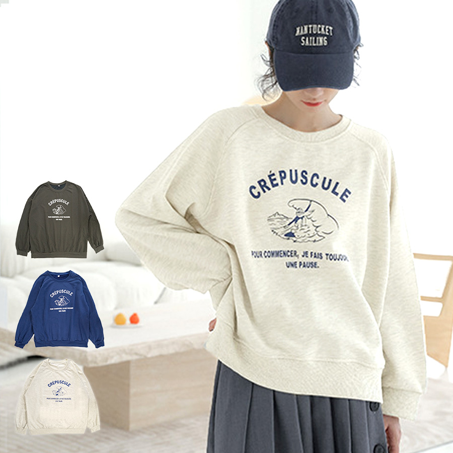 スウェット トレーナー トップス 長袖 薄手 ロゴ ゆったり ゆる ビックシルエット ワンポイント クルーネック 大人 コットン おしゃれ カジュアル シンプル 韓国ファッション レディース 春 秋 冬 新作 ダークグレー ブルー アイボリー M L JOCOSA 7149 送料無料 即納
