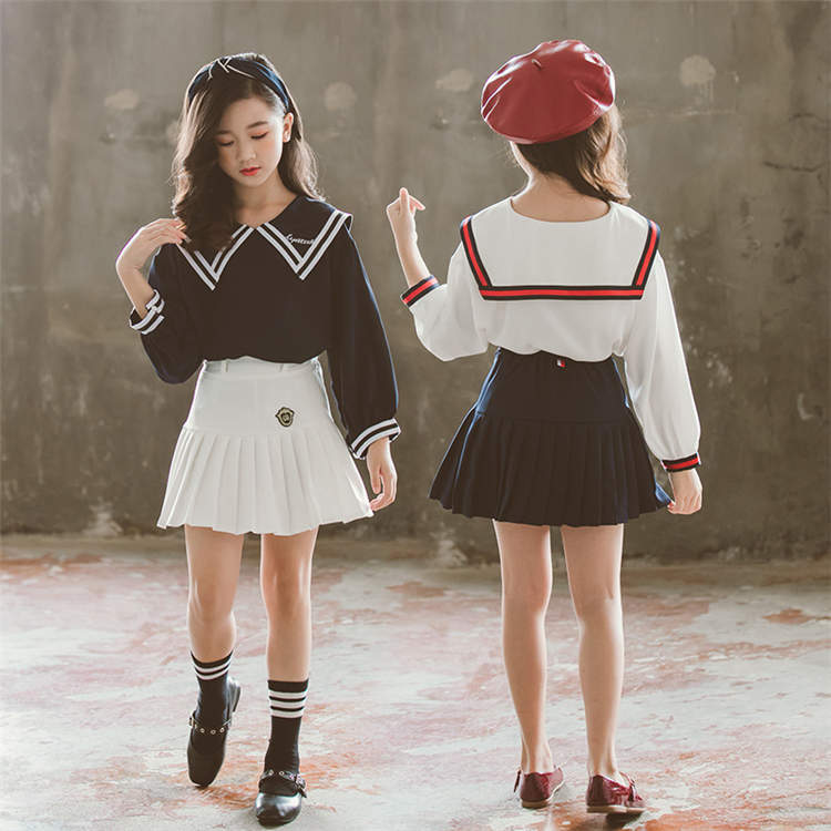 セーラー服 二点セット 子供服 送料関税無料 キッズ 上下セット スカート セットアップ トップス 可愛い 秋 春 長袖 Aライン ファスナー 手触り良い お嬢様風 小学生 キッズドレス 発表会 卒業式 韓国風 通園 子供ドレス おしゃれ 女児 結婚式 ガールズ 通学着 Tz 246