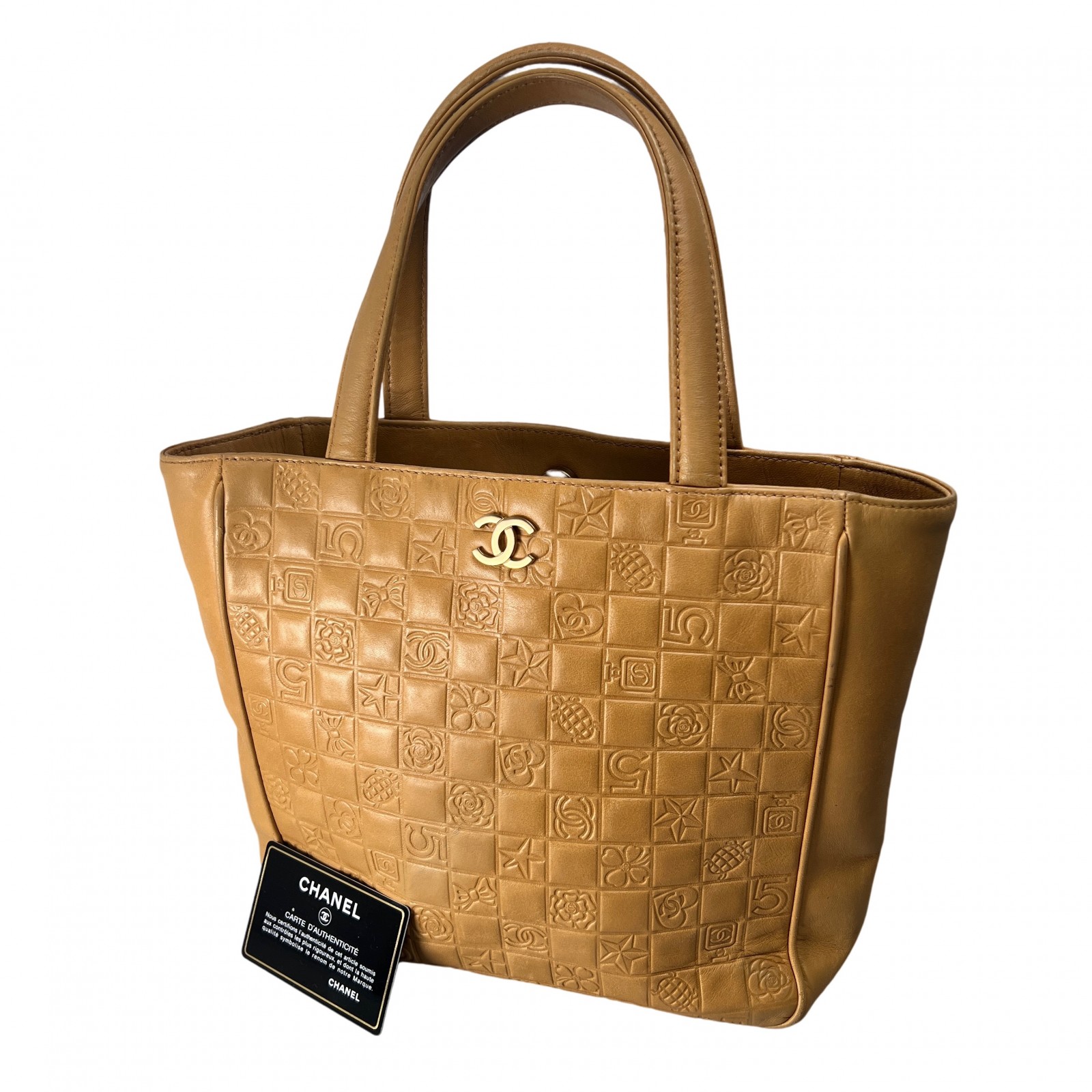 CHANEL シャネル チョコレート赤ちょうちん ココマーク アイコン なめし革 ハンドバック ベージュ A-13982