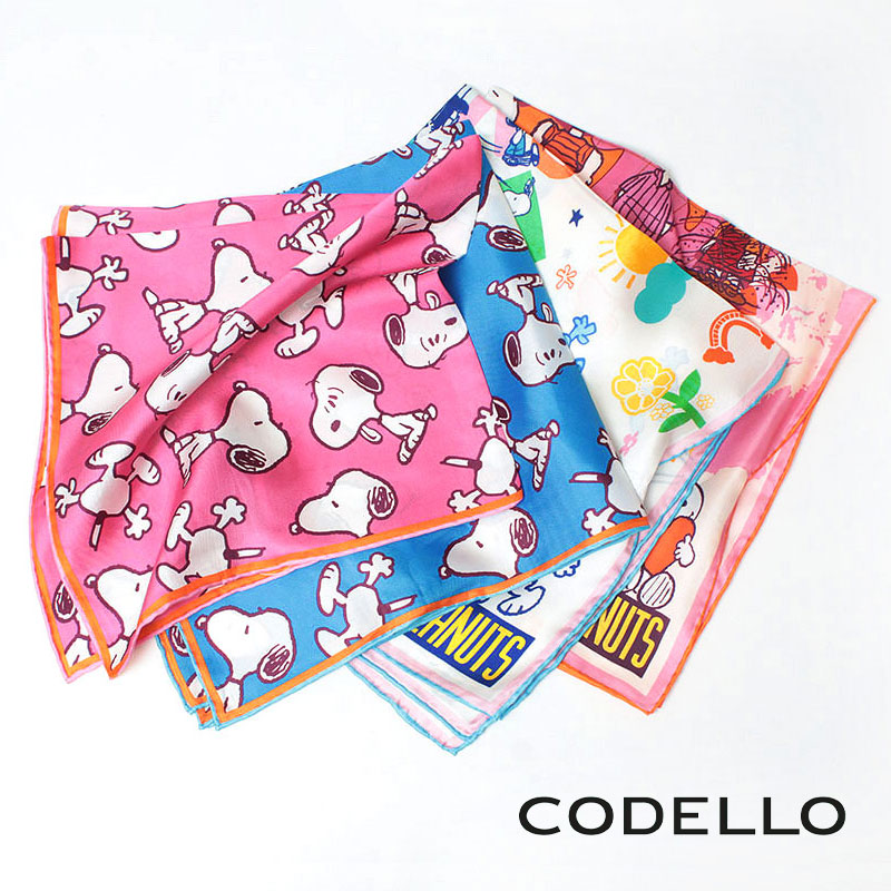 【正規販売店】 コデロ スカーフ CODELLO PEANUTS シルクバンダナ 小さめ 正方形 バッグアクセサリー 日焼け対策 スヌーピー ピーナッツ 正規品