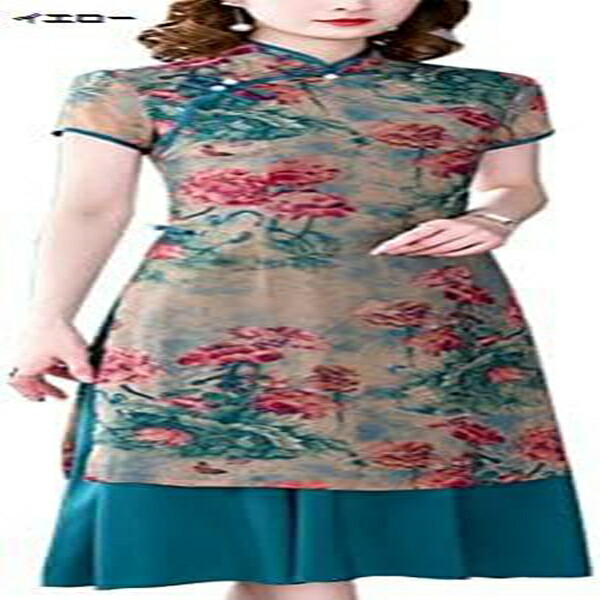 レディース チャイナドレス ワンピース ロングワンピース ドレス チャイナ服 旗袍 シフォンワンピース 半袖ワンピース 夏服 花柄 エレガント ファッション カジュアル 大きいサイズ ゆったり 着痩せ|Libre777