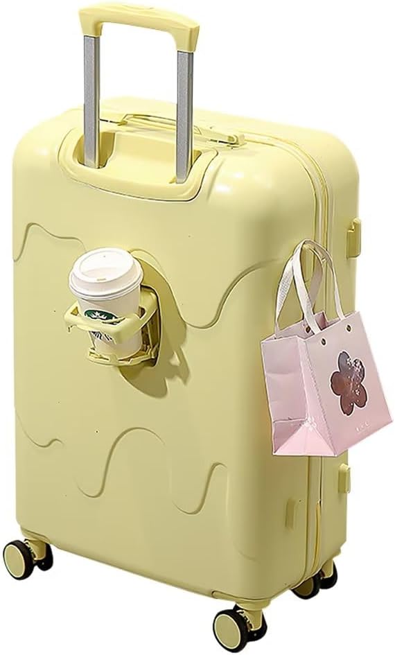 ノーブランド品スーツケースカップホルダー付きキャリーケース機内持ち込みキャリーバッグ可愛いトランクケース大型海外軽量ロック付き360度静音キャスター付き旅行出張修学旅行海外旅行イエロー M:60*37