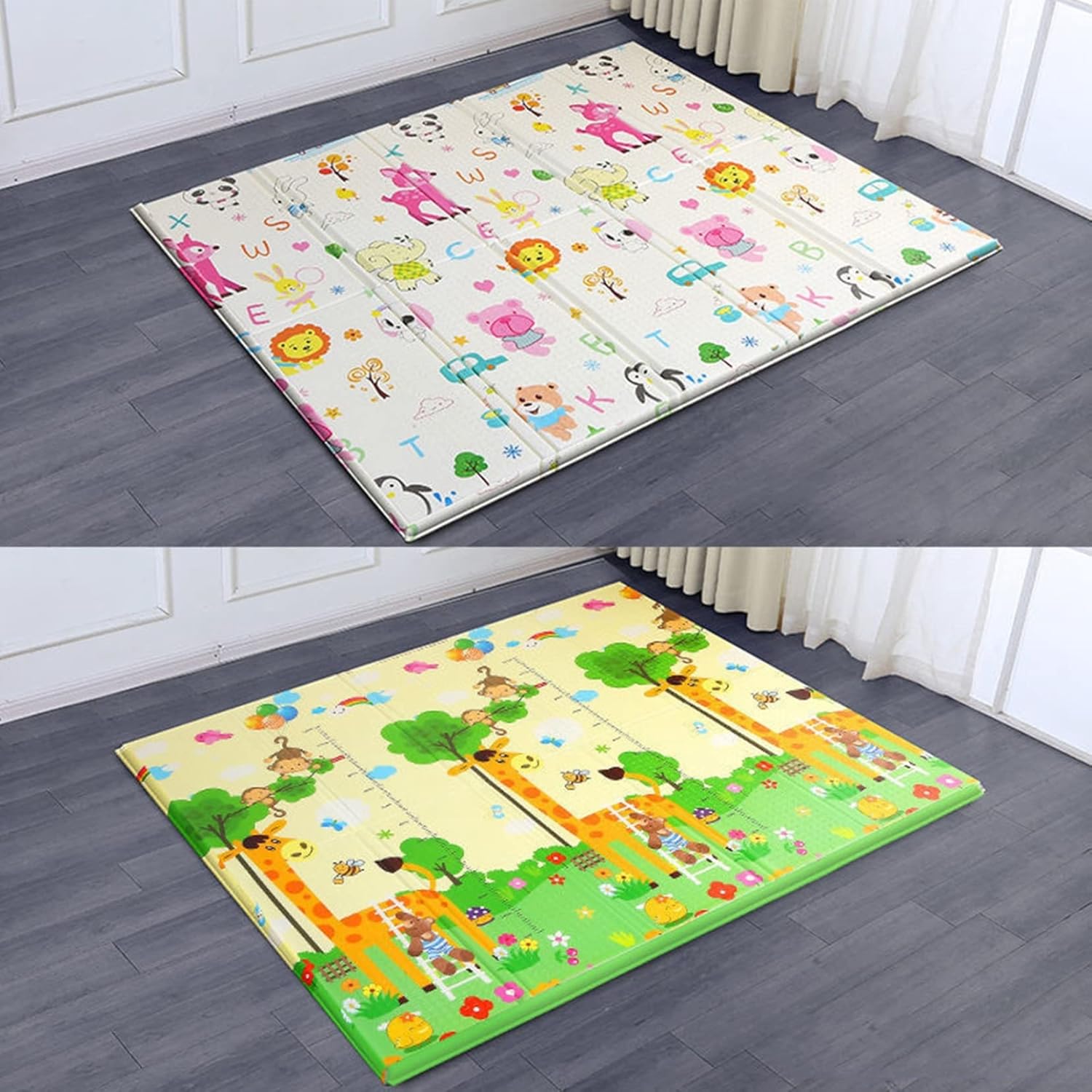 ベビーマット 200*150*2cm 折り畳み式 キッズ用プレイマット 両面使用可 収納 動物図案 可愛い おしゃれ 清掃簡単 薄手&厚手 花柄 楽しい 衝撃緩和 学べる 遊び ベビー 安全 無毒 無