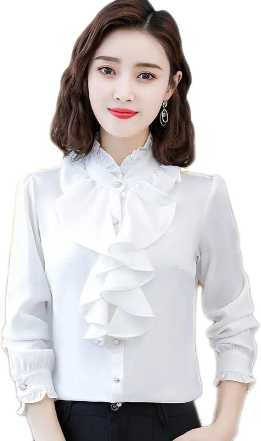 フリル ブラウス 長袖 襟付 シャツ 厚手 ロングスリーブ レディース オフィス カジュアル オシャレ かわいい 春 秋 通勤 通学 秋 冬 シフォンブラウス レディースファッション 無地 おしゃれ