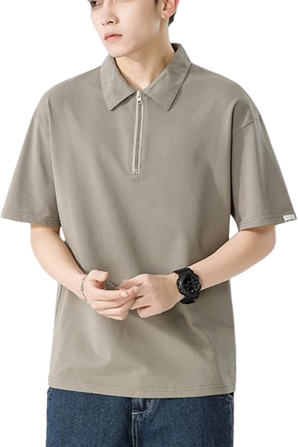 メンズ Ｔシャツ ポロシャツ 五分袖 シルエット サマー 折り襟 ハーフファスナー 薄手 カジュアル 通勤 通学 運動 ゆったり かっこいい 日系 無地 大きめ