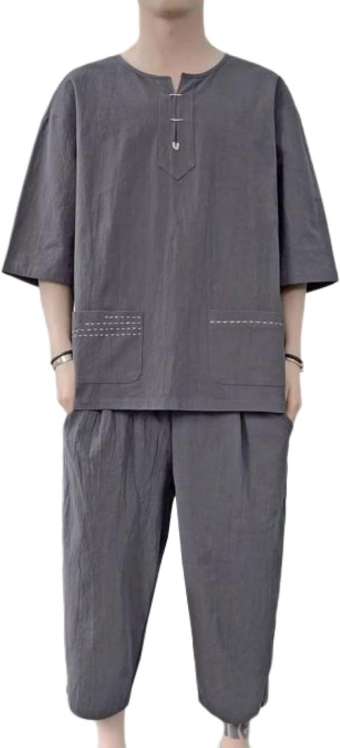 メンズ 上下2点セット 七分丈 半袖（七分袖） ティシャツ 綿麻 トップス サルエルパンツ M-5XL おしゃれ 大きいサイズ 部屋着 Tシャツ 夏服 男性用 夏祭り 花火 大会 通気性 涼感 カジ