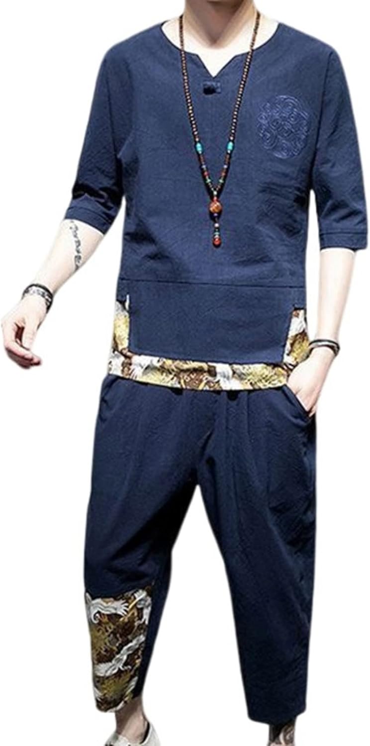 セットアップ メンズ 上下2点セット M～5XL ラウンドネック 半袖 ティシャツ 綿麻 トップス サルエルパンツ ロングパンツ 長ズボン おしゃれ 部屋着 Tシャツ 春秋 男性用 通気性 カジュア