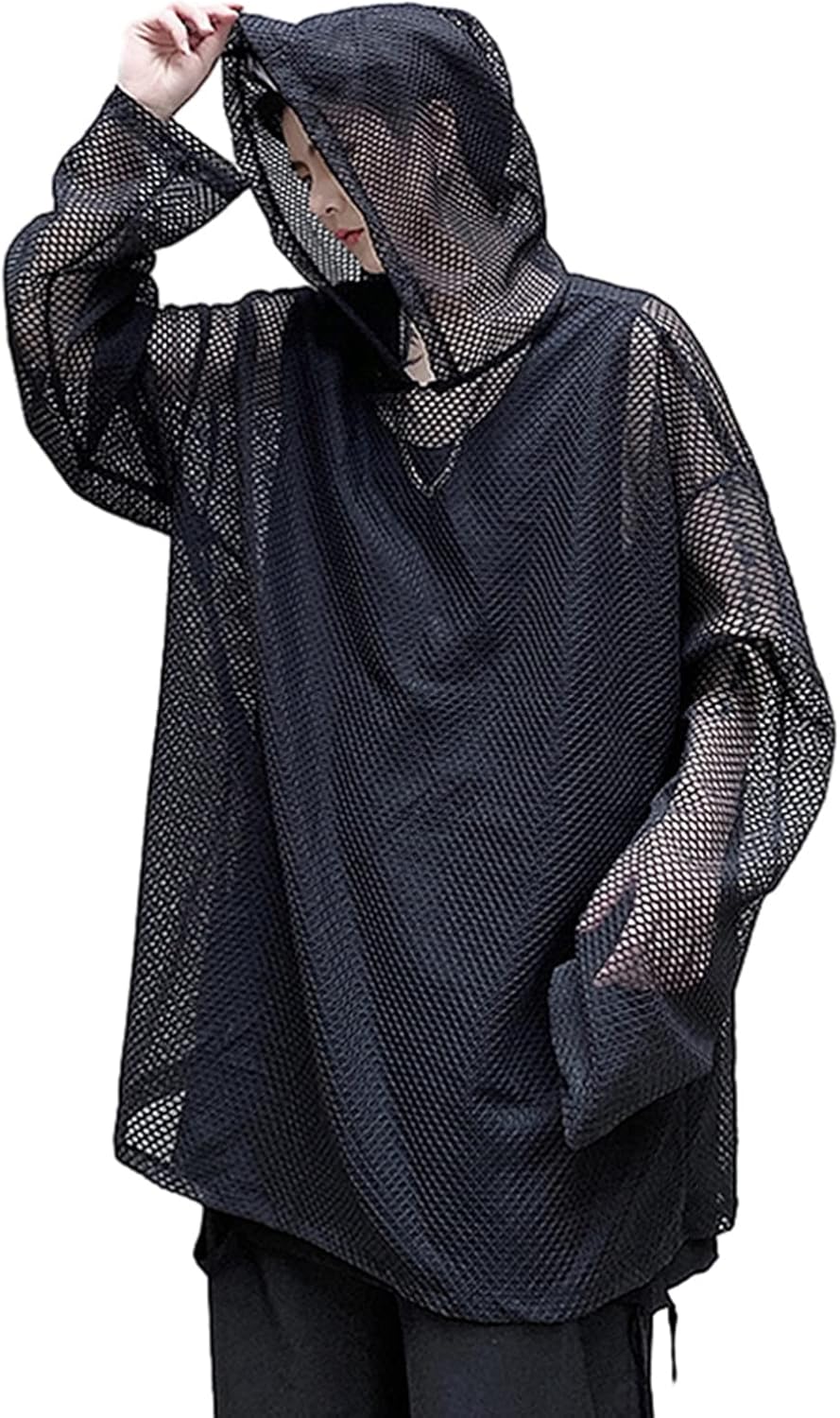 メッシュTシャツ メンズ フィッシュネット 涼しい 長袖 フード付 サマーニット 夏用 重ね着 フィットシャツ ビッグシルエット クラブウェア ダンス 長袖 男性 大人 ネット ロングスリーブ インナ
