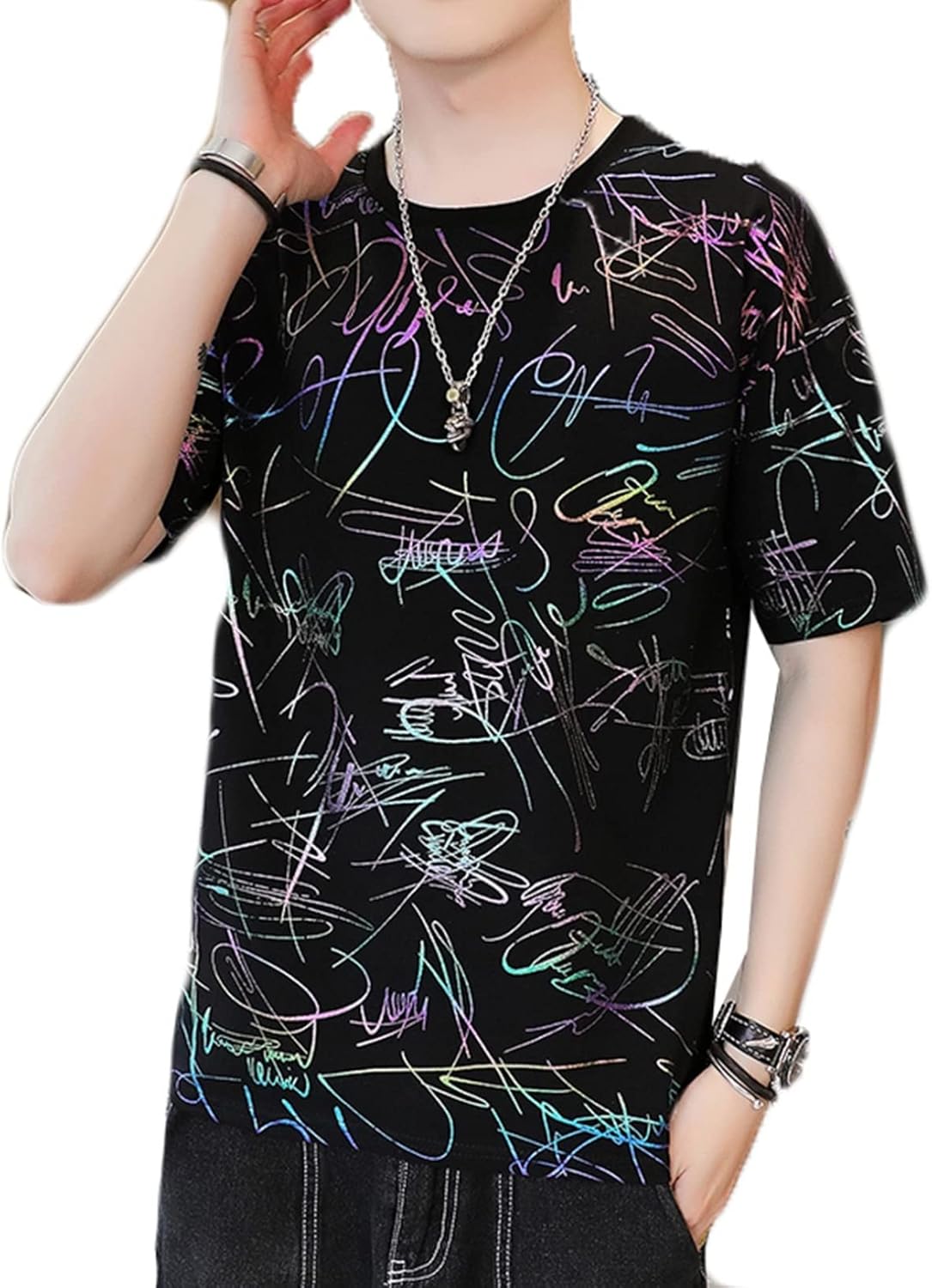 Tシャツ メンズ コットン 半袖 夏用 韓国風 ストリート 落書き柄 おしゃれ 柔らか 気持ちいい 薄手 涼しい カジュアル 超軽量 通気性 汗染み防止 カッコイイ スポーツウェア 丸首 男性用 日