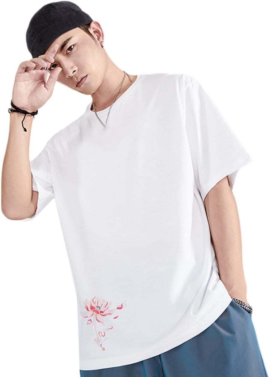 メンズ tシャツ 半袖 刺繍 和柄 綿100% 花柄 鳳凰 トップス ユニセックス 夏服 大きいサイズ 丸首 おしゃれ 軽い 快適な ゆったりした 吸汗 丸襟 カジュアル 柔らかい トップス 大きい